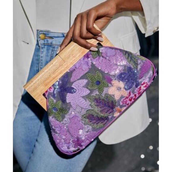 Floral Sequin Embellished Clutch With Velvet & Wooden Frame purple shein - Picture 2 of 7